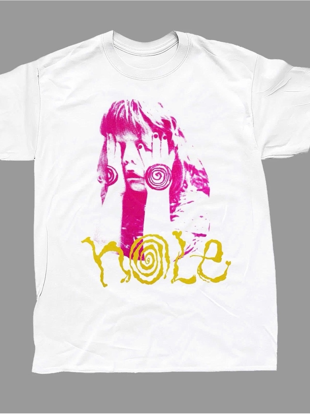 White Short-Sleeve Tee with Pink Portrait and Yellow Spiral Text